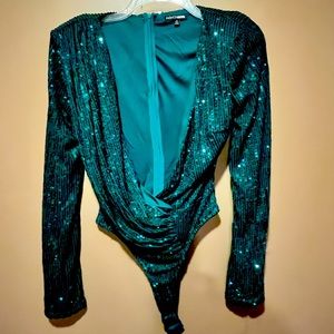 Fashion Nova S Plunging Neck Emerald Green Sequin Body Suit with Shoulder Pads